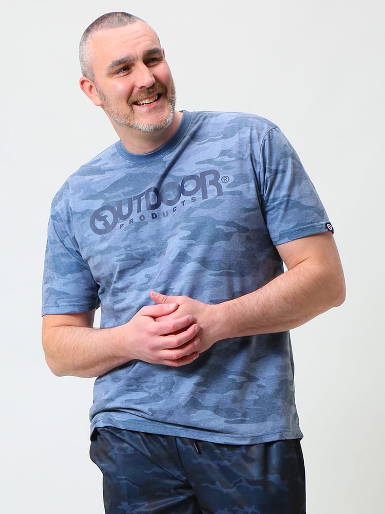 大きいサイズ メンズ OUTDOOR PRODUCTS (アウトドアプロダクツ) 天竺 迷彩 ロゴプリント クルーネック 半袖 Tシャツ