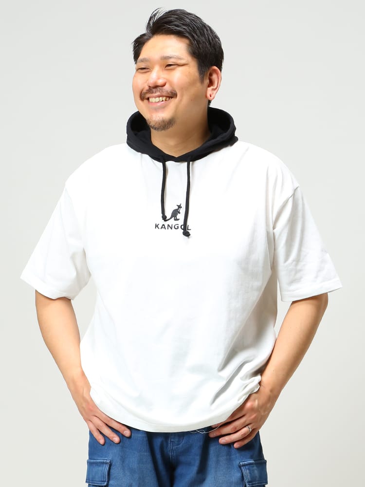大きいサイズ メンズ KANGOL (カンゴール) 天竺 ロゴ フード プルオーバー 半袖 Tパーカー