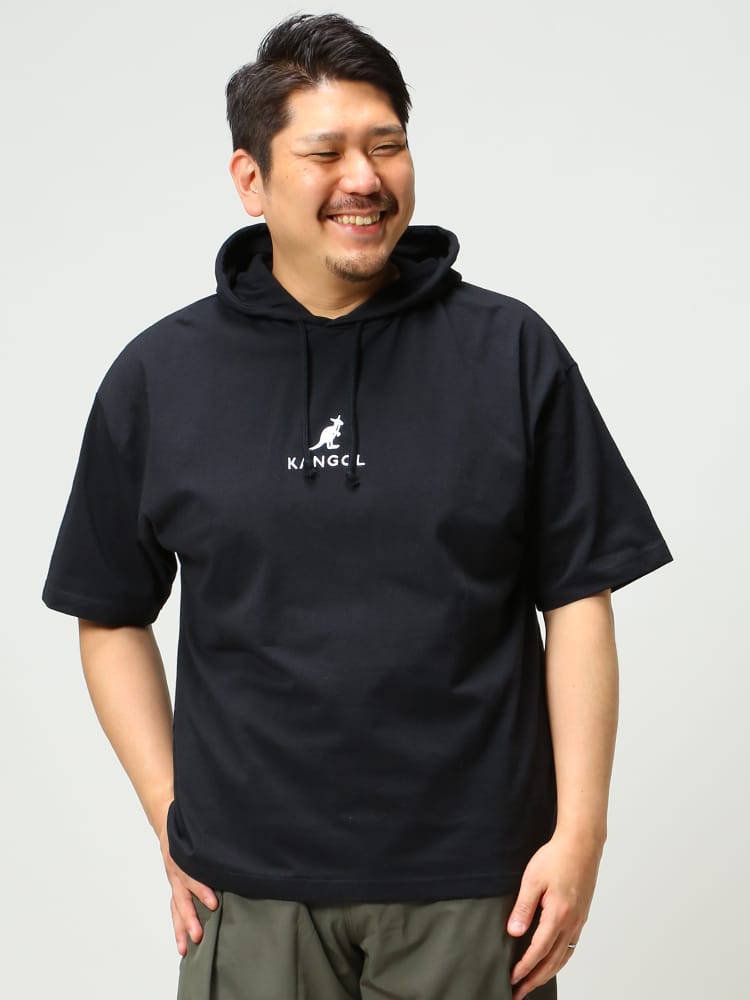 大きいサイズ メンズ KANGOL (カンゴール) 天竺 ロゴ フード プルオーバー 半袖 Tパーカー
