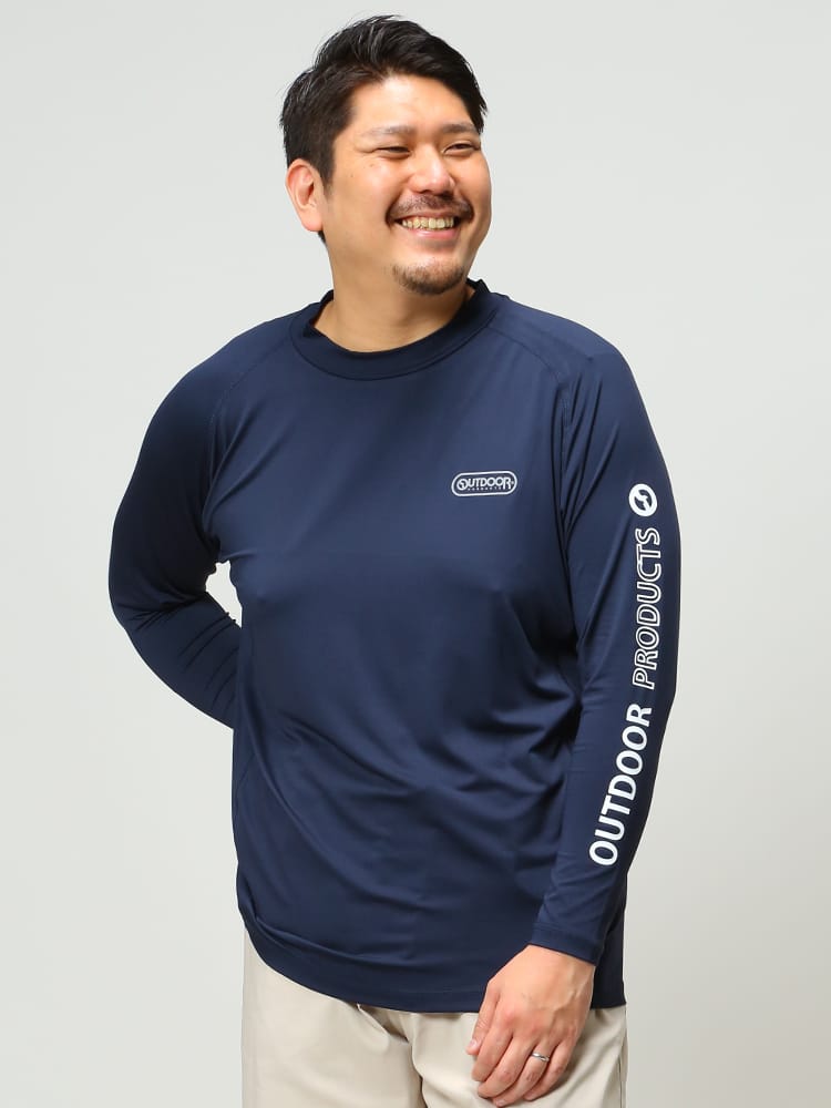 大きいサイズ メンズ OUTDOOR PRODUCTS (アウトドアプロダクツ) 吸汗速乾 ストレッチ 袖ロゴ クルーネック 長袖 ラッシュガード 水着 マリンウェア スイムウェア サーフウェア プール 海