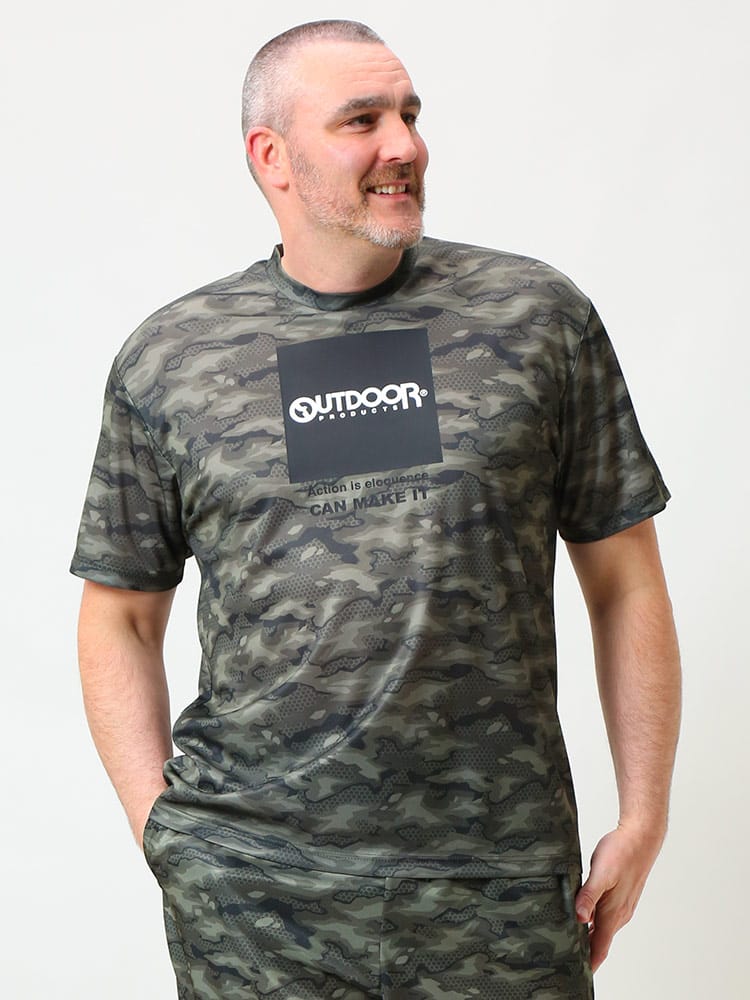 大きいサイズ メンズ OUTDOOR PRODUCTS (アウトドアプロダクツ) DRYメッシュ 総柄 クルーネック 半袖 Tシャツ