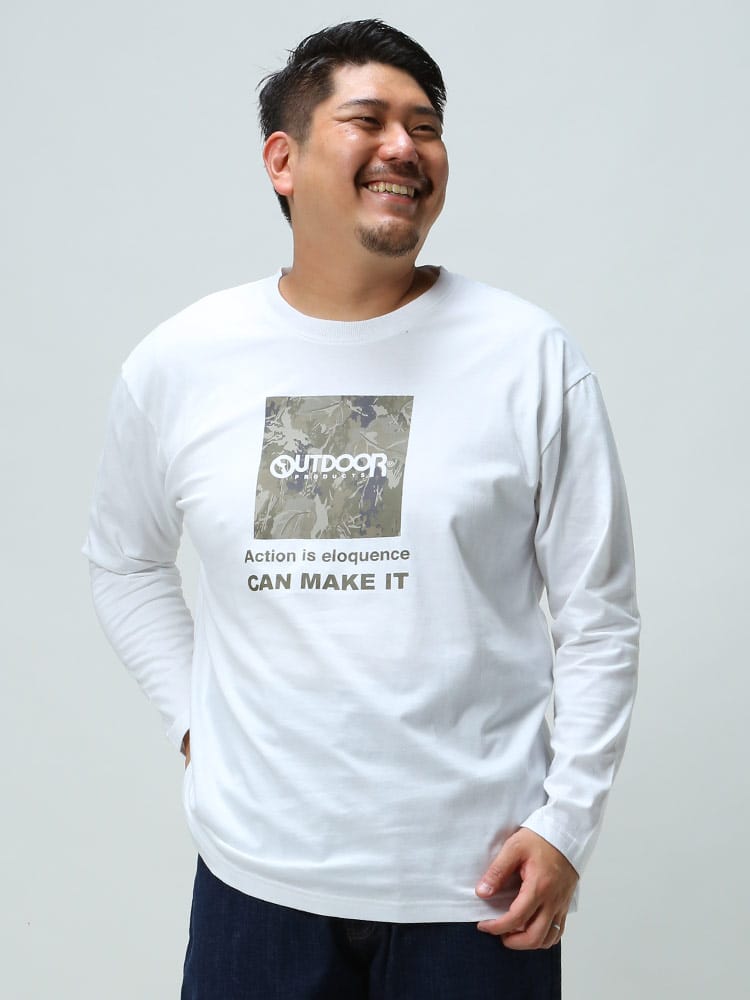 大きいサイズ メンズ OUTDOOR PRODUCTS (アウトドアプロダクツ) 天竺 BOXロゴ クルーネック 長袖 Tシャツ