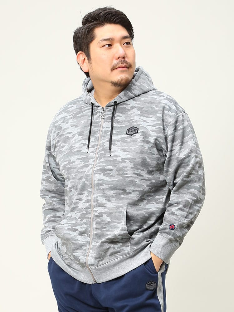 大きいサイズ メンズ OUTDOOR PRODUCTS (アウトドアプロダクツ) TCダンボール 迷彩柄 フルジップ パーカー