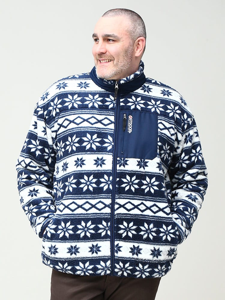 大きいサイズ メンズ OUTDOOR PRODUCTS (アウトドアプロダクツ) ボアフリース 総柄 フルジップ ジャケット