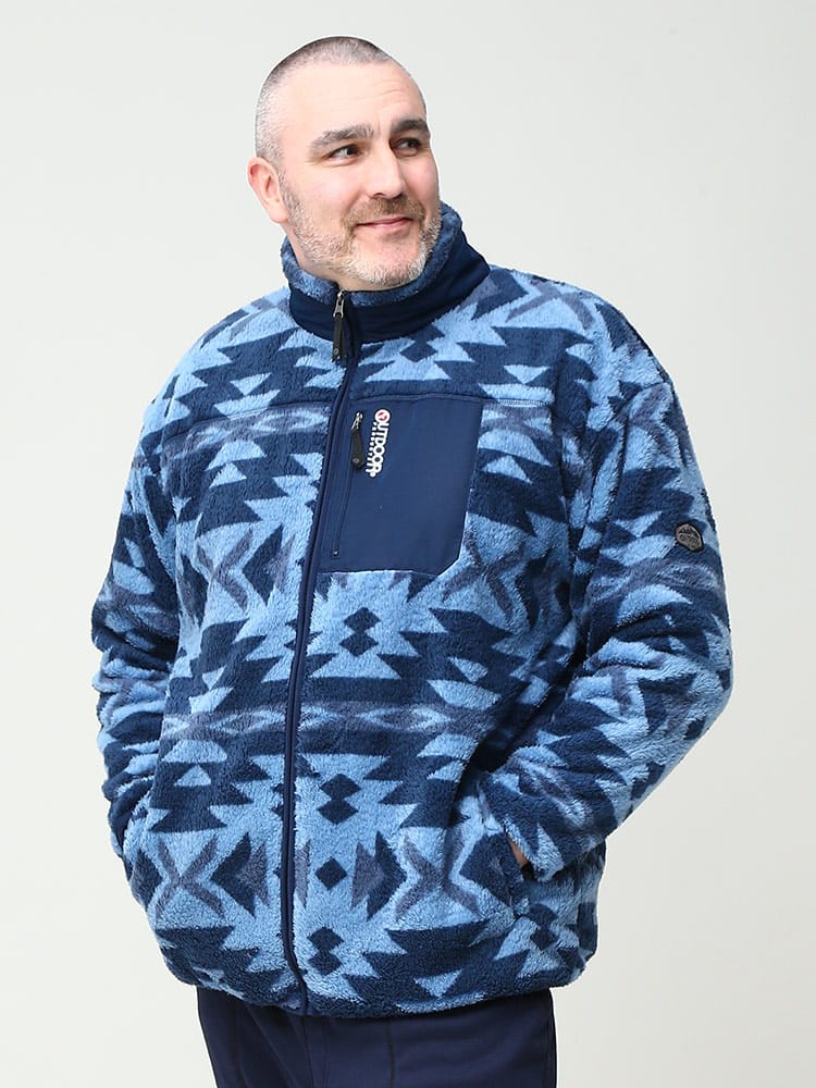 大きいサイズ メンズ OUTDOOR PRODUCTS (アウトドアプロダクツ) ボアフリース 総柄 フルジップ ジャケット