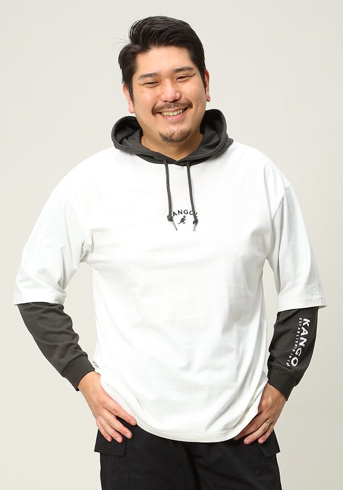大きいサイズ メンズ KANGOL (カンゴール) ロゴ刺繍 フェイクレイヤード プルオーバー パーカー