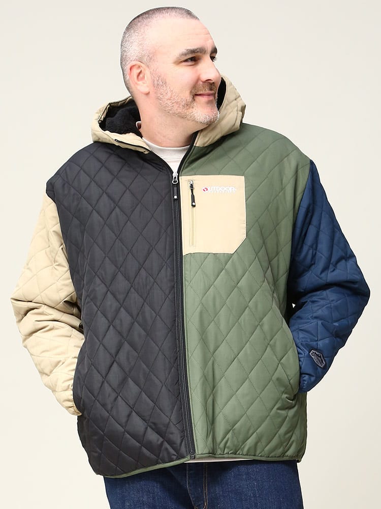 大きいサイズ メンズ OUTDOOR PRODUCTS (アウトドアプロダクツ) フード裏ボア キルト フルジップ 中綿 パーカー