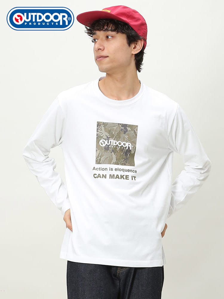 OUTDOOR PRODUCTS (アウトドアプロダクツ) 天竺 BOXロゴ クルーネック 長袖 Tシャツ