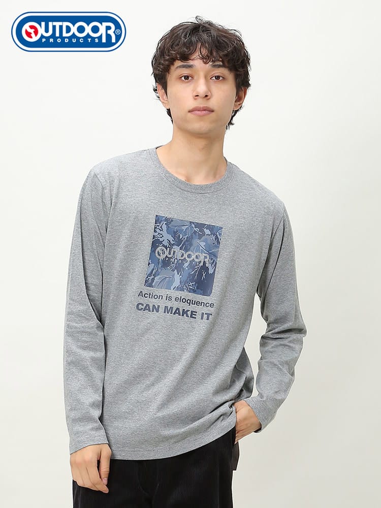 OUTDOOR PRODUCTS (アウトドアプロダクツ) 天竺 BOXロゴ クルーネック 長袖 Tシャツ