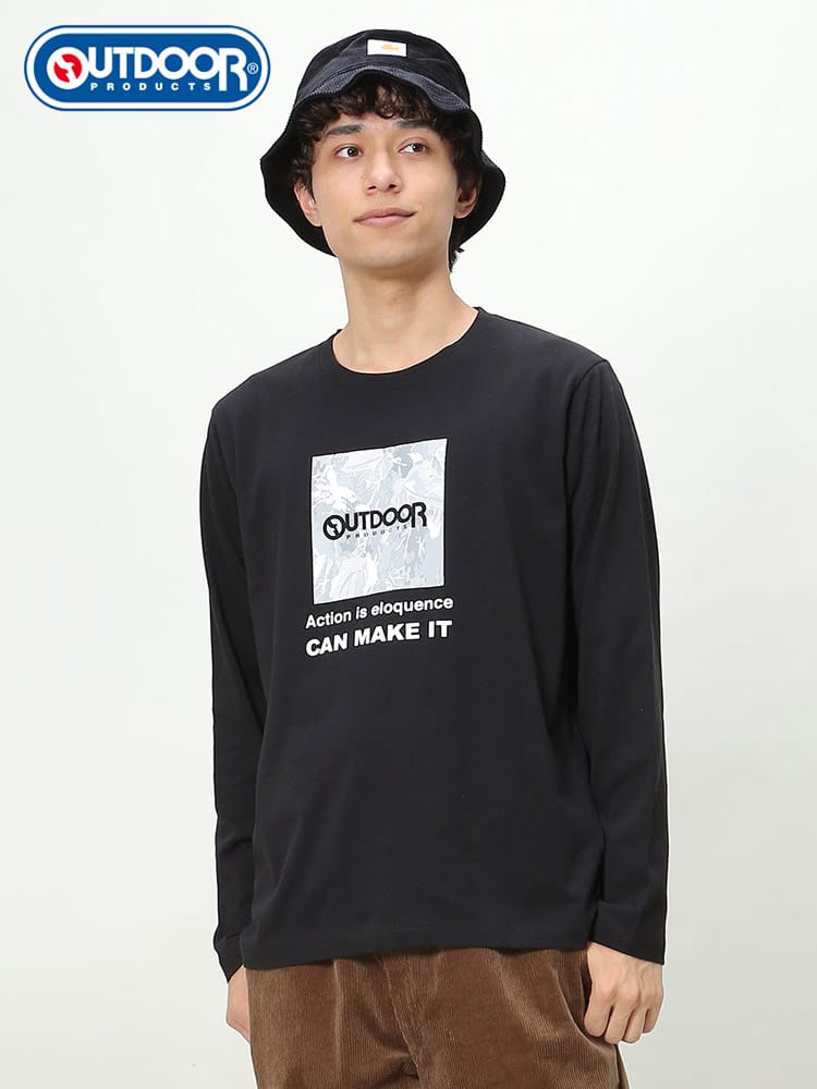 OUTDOOR PRODUCTS (アウトドアプロダクツ) 天竺 BOXロゴ クルーネック 長袖 Tシャツ