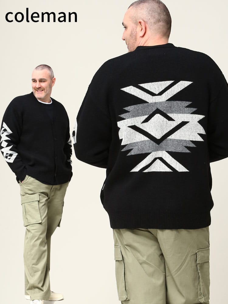大きいサイズ メンズ Coleman (コールマン) ネイティブ柄 ニット カーディガン カーデ アウター セーター