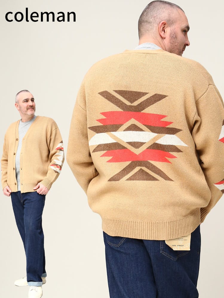 大きいサイズ メンズ Coleman (コールマン) ネイティブ柄 ニット カーディガン カーデ アウター セーター