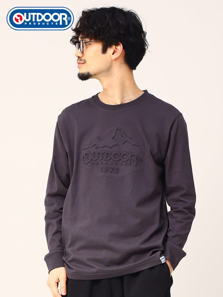 OUTDOOR PRODUCTS (アウトドアプロダクツ) 天竺 エンボスロゴ クルーネック 長袖 Tシャツ ロンT