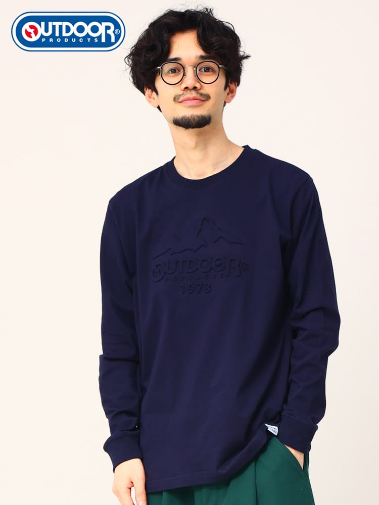 OUTDOOR PRODUCTS (アウトドアプロダクツ) 天竺 エンボスロゴ クルーネック 長袖 Tシャツ ロンT
