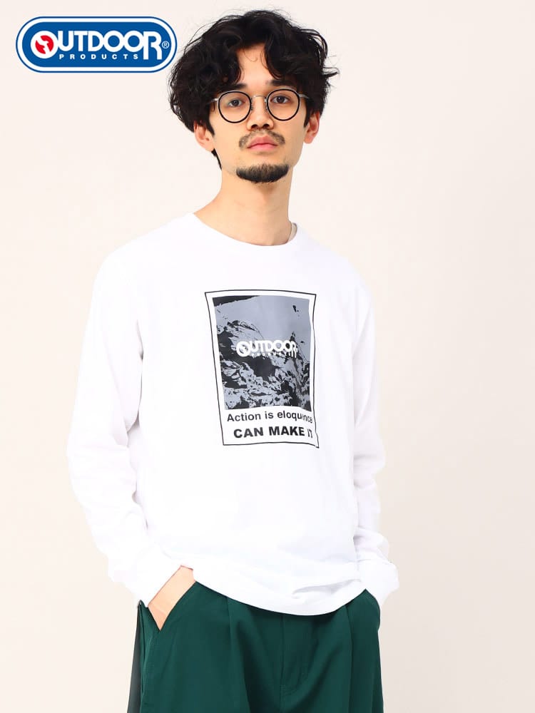 OUTDOOR PRODUCTS (アウトドアプロダクツ) 天竺 BOXロゴ クルーネック 長袖 Tシャツ ロンT