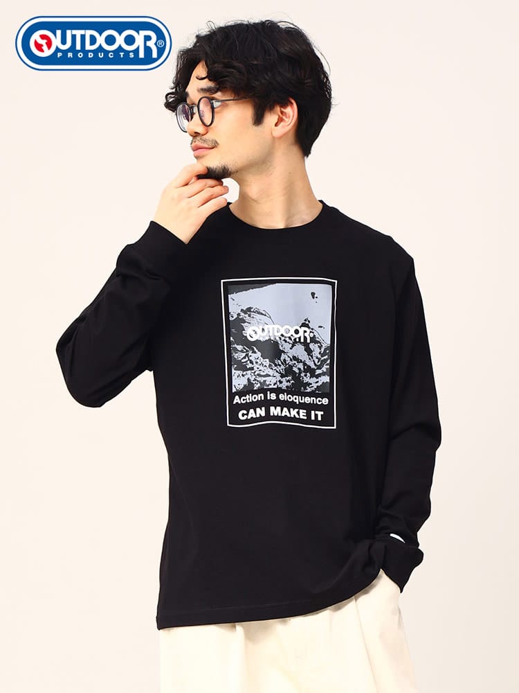 OUTDOOR PRODUCTS (アウトドアプロダクツ) 天竺 BOXロゴ クルーネック 長袖 Tシャツ ロンT