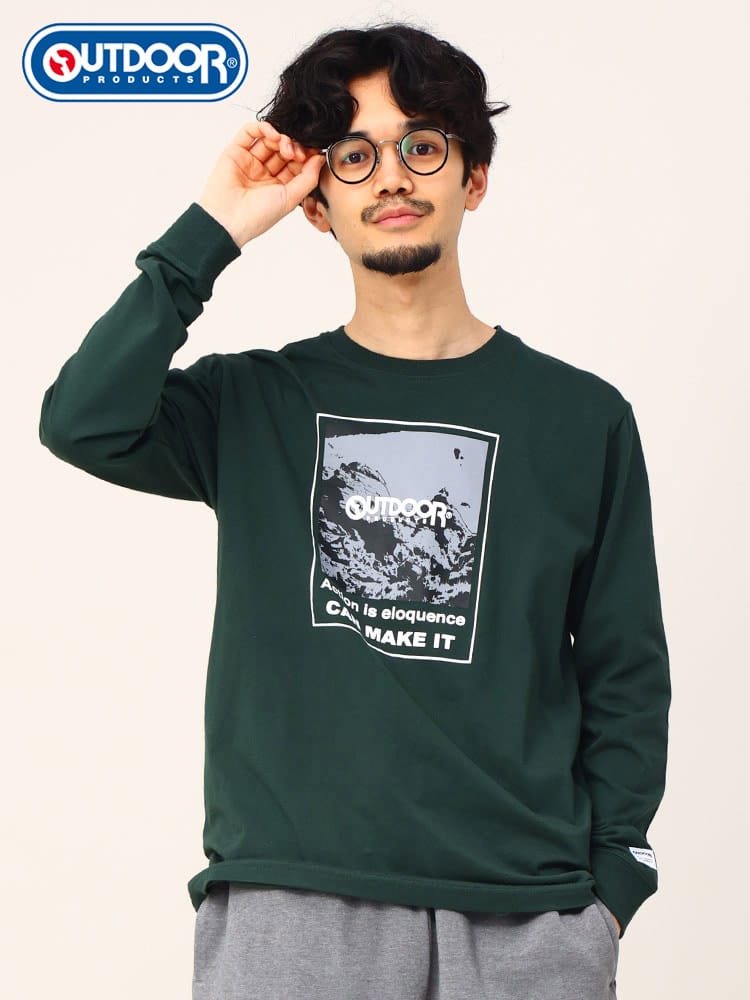 OUTDOOR PRODUCTS (アウトドアプロダクツ) 天竺 BOXロゴ クルーネック 長袖 Tシャツ ロンT