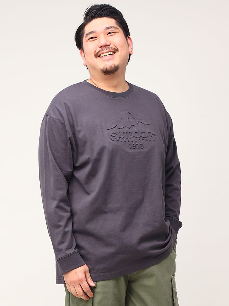 大きいサイズ メンズ OUTDOOR PRODUCTS (アウトドアプロダクツ) 天竺 エンボスロゴ クルーネック 長袖 Tシャツ