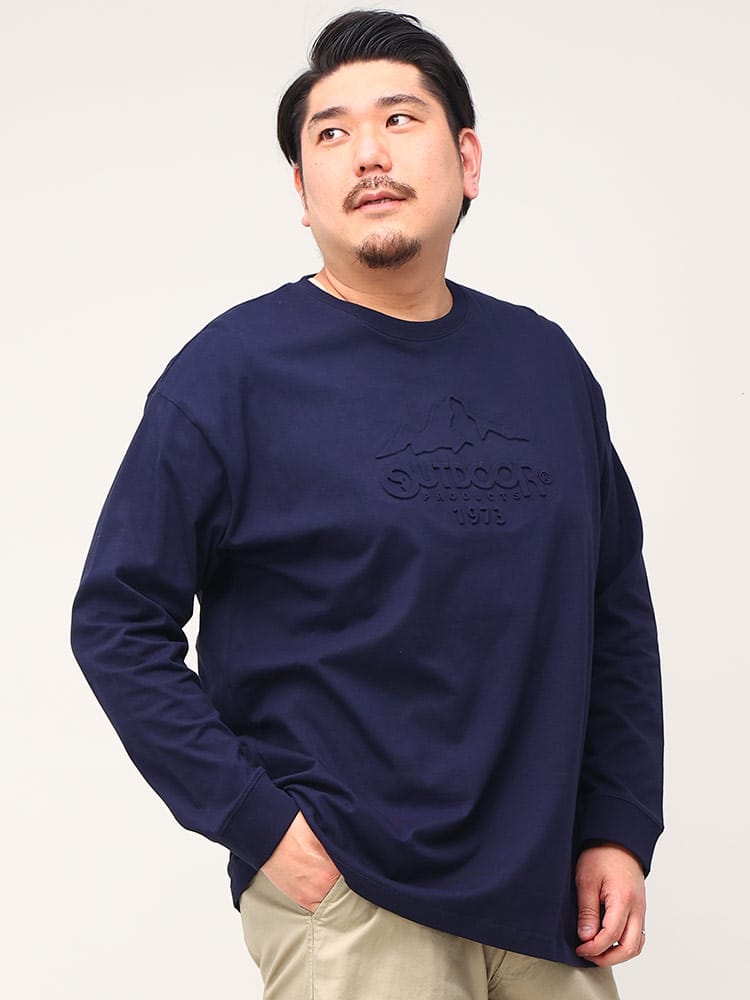 大きいサイズ メンズ OUTDOOR PRODUCTS (アウトドアプロダクツ) 天竺 エンボスロゴ クルーネック 長袖 Tシャツ