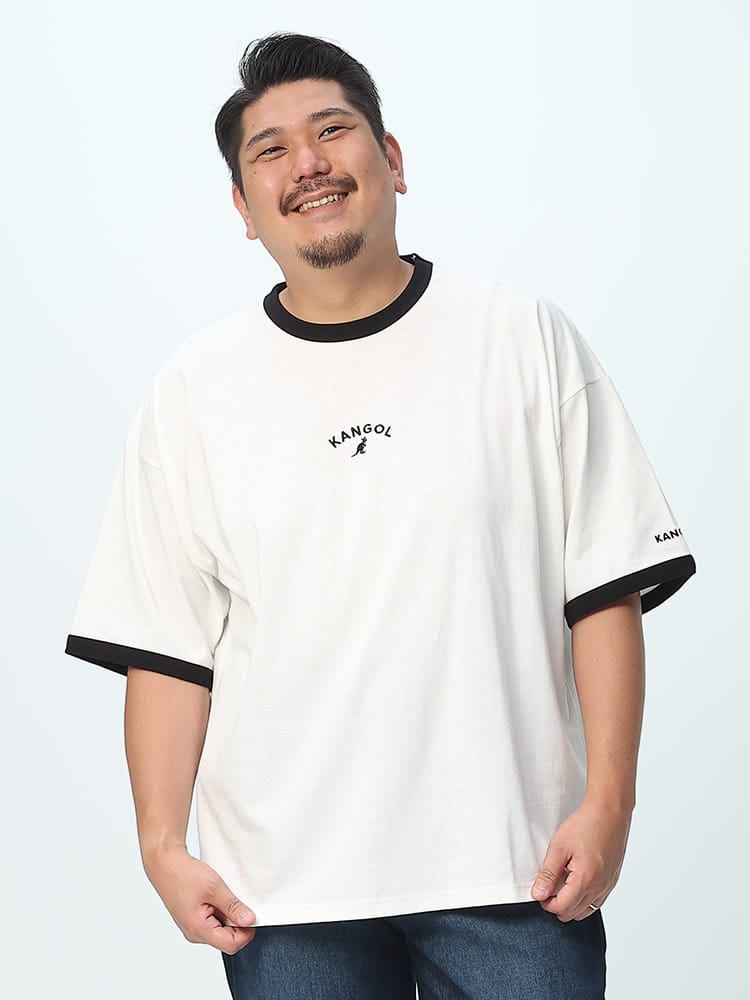 大きいサイズ メンズ KANGOL (カンゴール) ロゴ刺繍 クルーネック 半袖 リンガーTシャツ