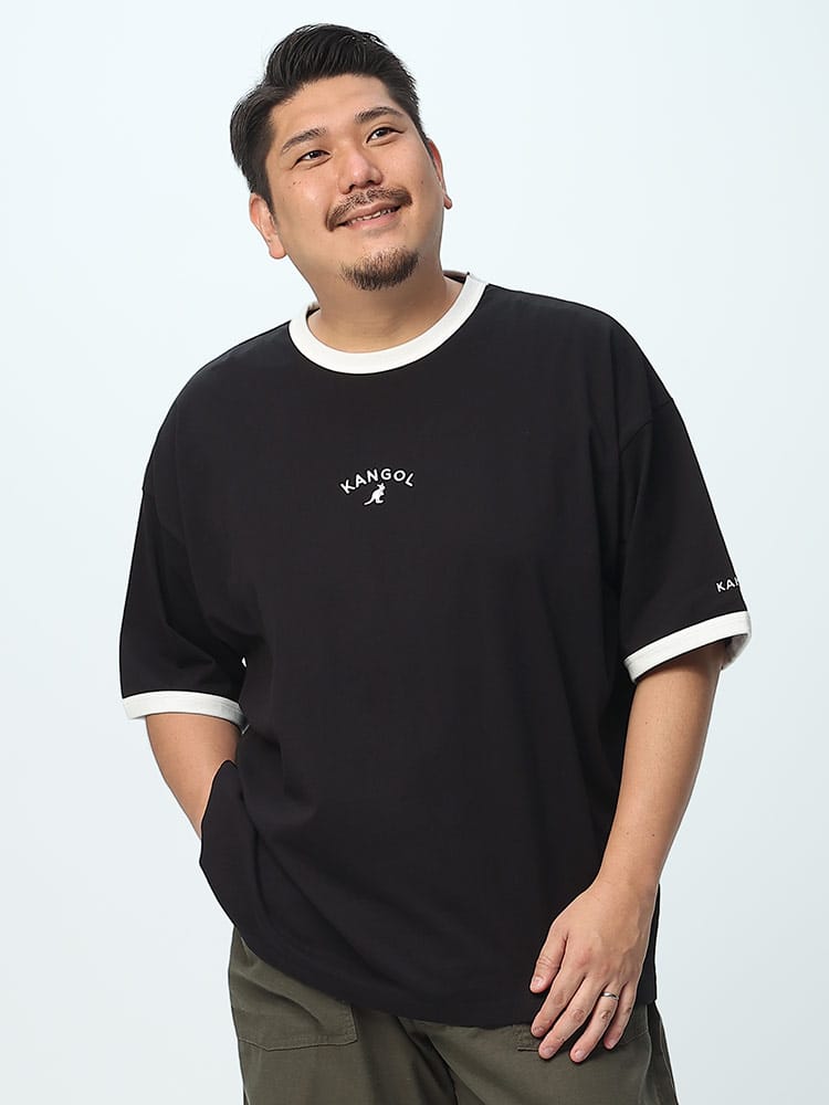 大きいサイズ メンズ KANGOL (カンゴール) ロゴ刺繍 クルーネック 半袖 リンガーTシャツ