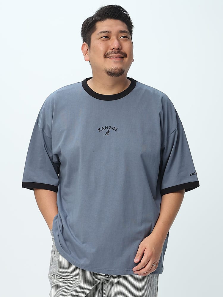 大きいサイズ メンズ KANGOL (カンゴール) ロゴ刺繍 クルーネック 半袖 リンガーTシャツ