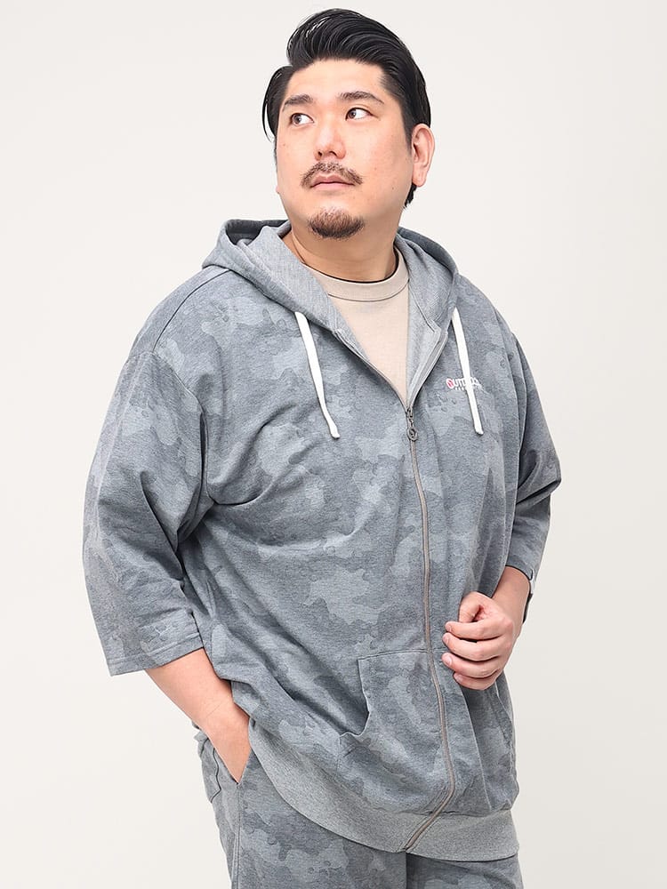 大きいサイズ メンズ OUTDOOR PRODUCTS (アウトドアプロダクツ) インレイ 総柄 フルジップ 7分袖 パーカー