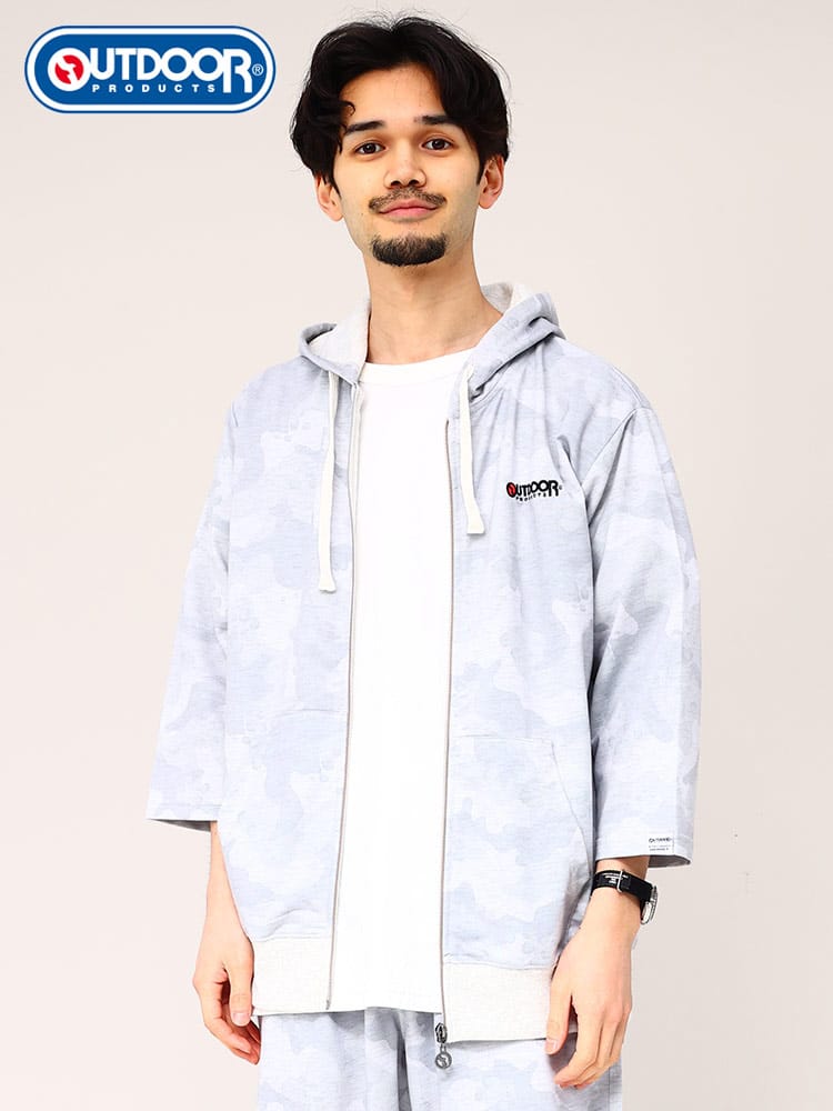 アウトドアプロダクツ パーカー 7分袖 フルジップ OUTDOOR PRODUCTS 総柄