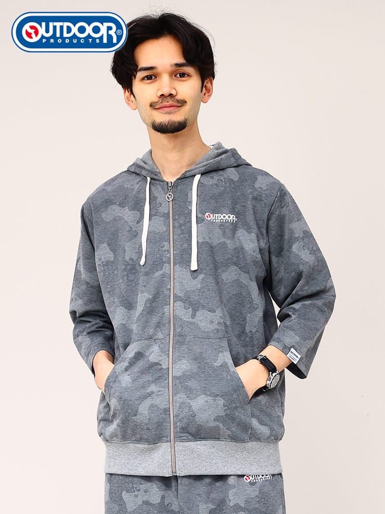 アウトドアプロダクツ パーカー 7分袖 フルジップ OUTDOOR PRODUCTS 総柄
