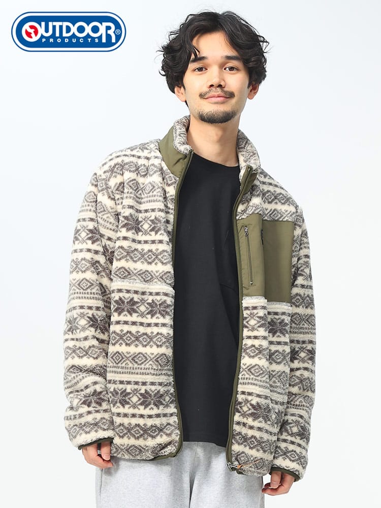 OUTDOOR PRODUCTS (アウトドアプロダクツ) ボアフリース 総柄 フルジップ ジャケット