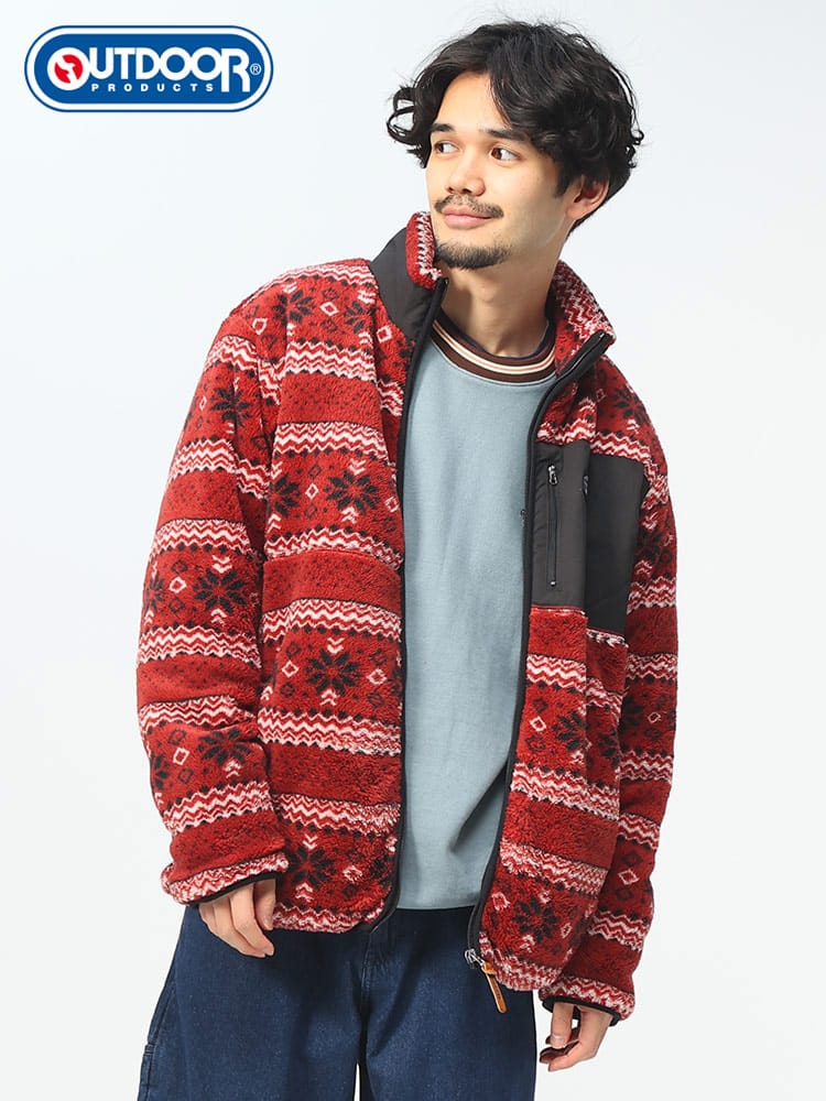 OUTDOOR PRODUCTS (アウトドアプロダクツ) ボアフリース 総柄 フルジップ ジャケット