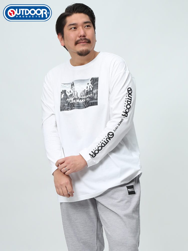 OUTDOOR PRODUCTS アウトドアプロダクツ ロンT フォトプリント 袖プリント ロゴ 長袖 Tシャツ カットソー 大きいサイズ メンズ 