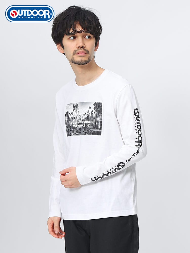 OUTDOOR PRODUCTS (アウトドアプロダクツ) 綿天竺 フォトプリント クルーネック 長袖 Ｔシャツ