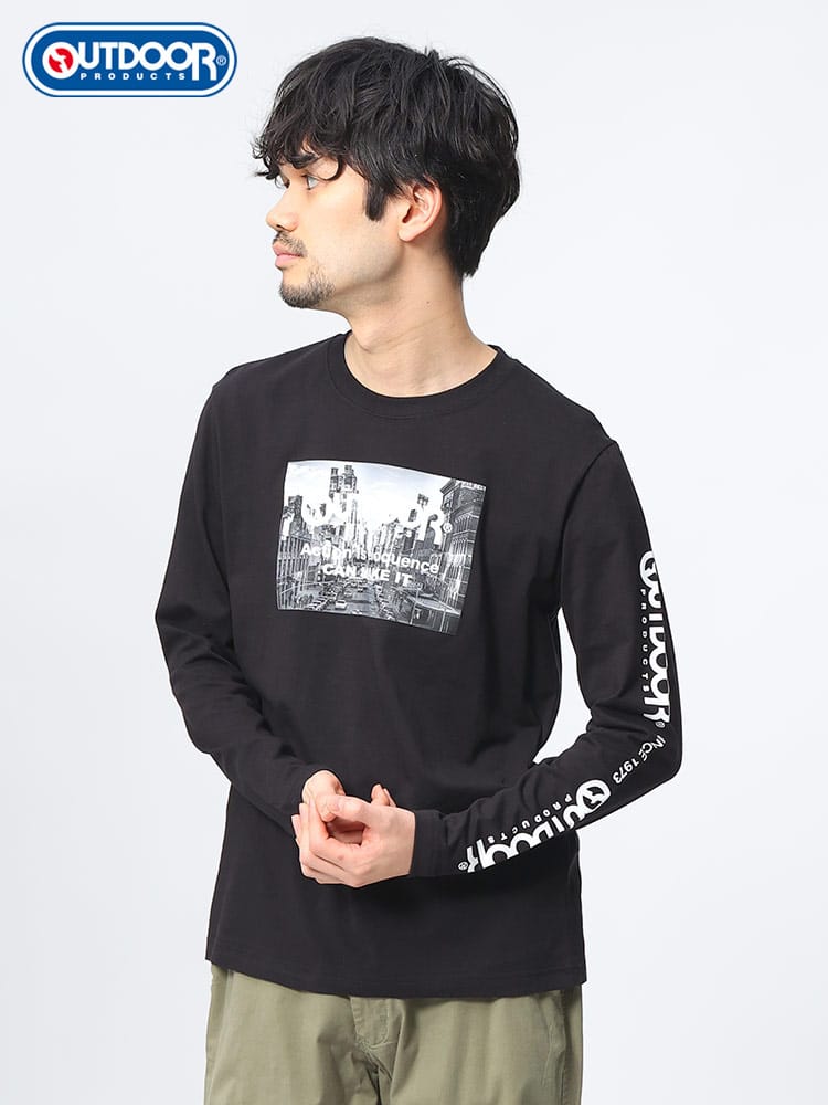 OUTDOOR PRODUCTS (アウトドアプロダクツ) 綿天竺 フォトプリント クルーネック 長袖 Ｔシャツ