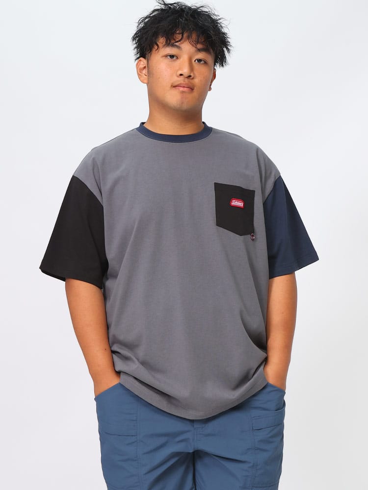 半袖 Tシャツ USAコットン 綿天竺 切替 ポケット付き トップス シャツ クルーネック 大きいサイズ メンズ