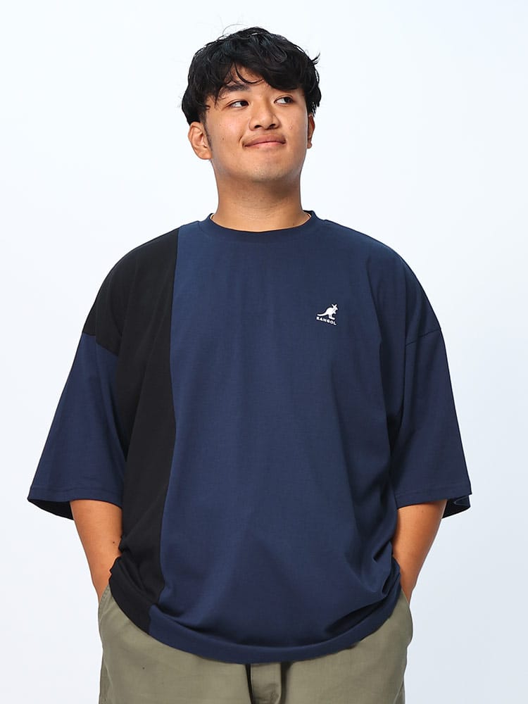 半袖 Tシャツ 綿天竺 縦切替 ロゴ刺繍 トップス クルー 大きいサイズ メンズ