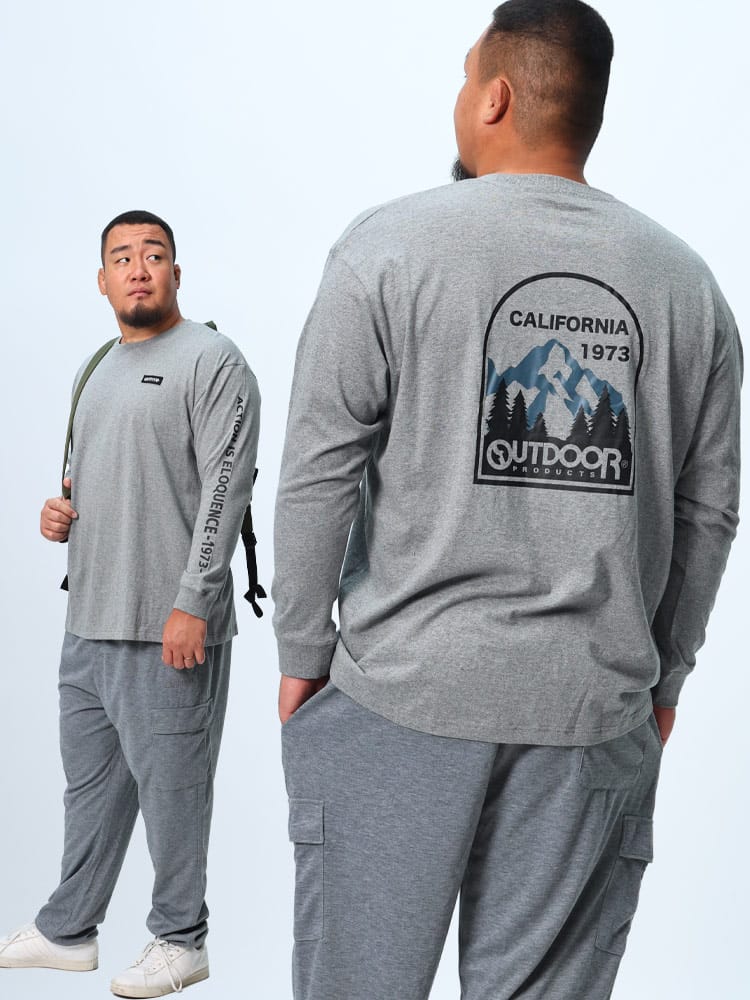 長袖Tシャツ 綿100％ 袖ロゴ＆バックマウンテンプリント クルーネック トップス 大きいサイズ メンズ