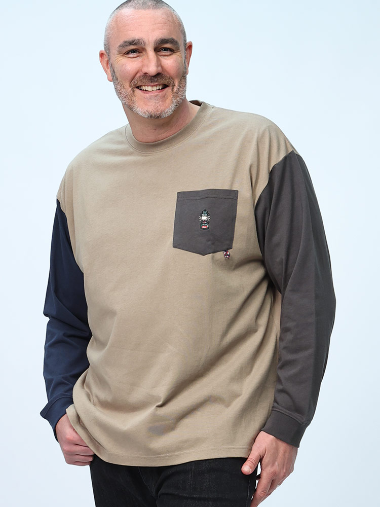 長袖 Tシャツ 綿天竺 ワンポイント刺繍 ポケット クルーネック トップス Tシャツ ポケT 大きいサイズ メンズ