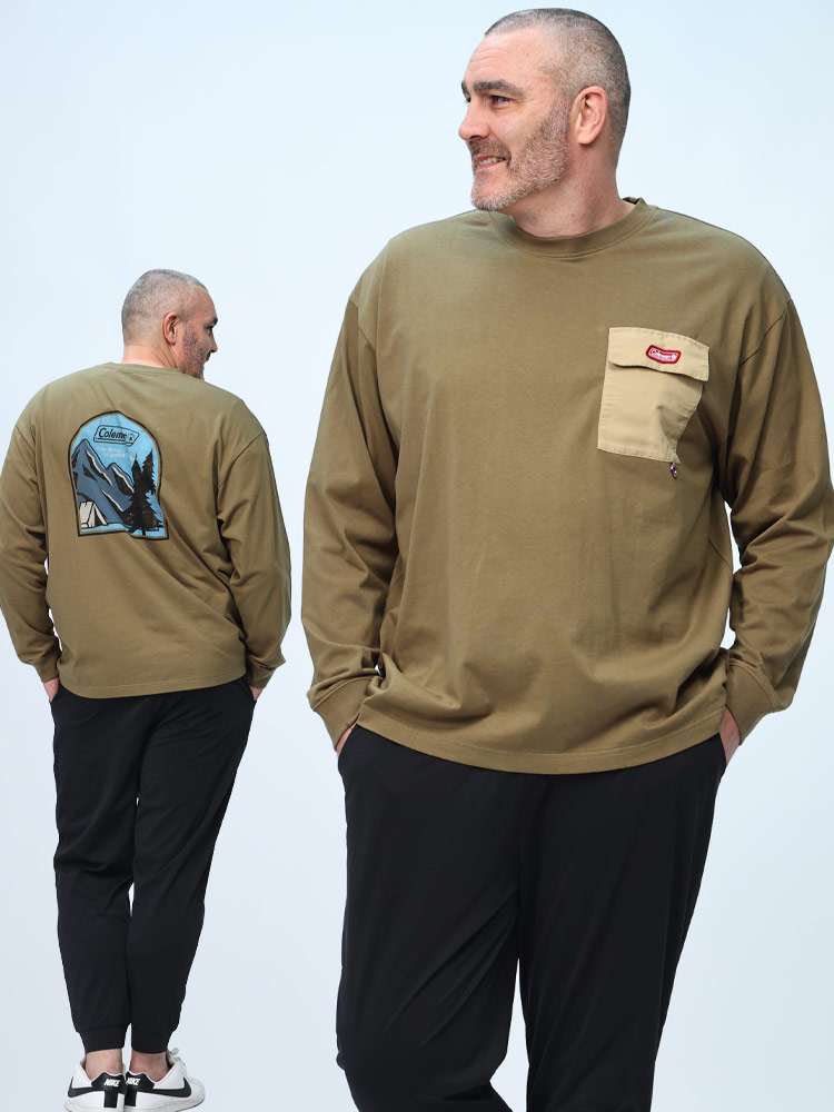 長袖 Tシャツ 綿天竺 バックポイント ポケット クルーネック トップス ロンT ポケT 大きいサイズ メンズ