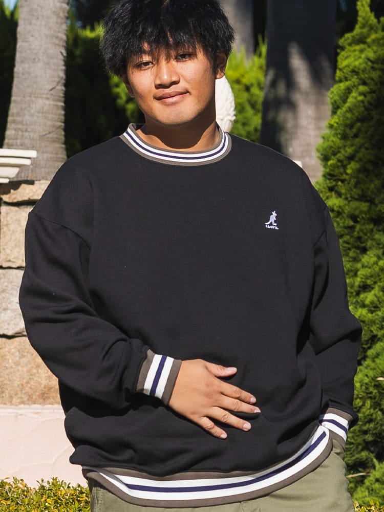 クルーネック トレーナー 裏起毛 胸ロゴ ラインリブ トップス プルオーバー 長袖 起毛 大きいサイズ メンズ