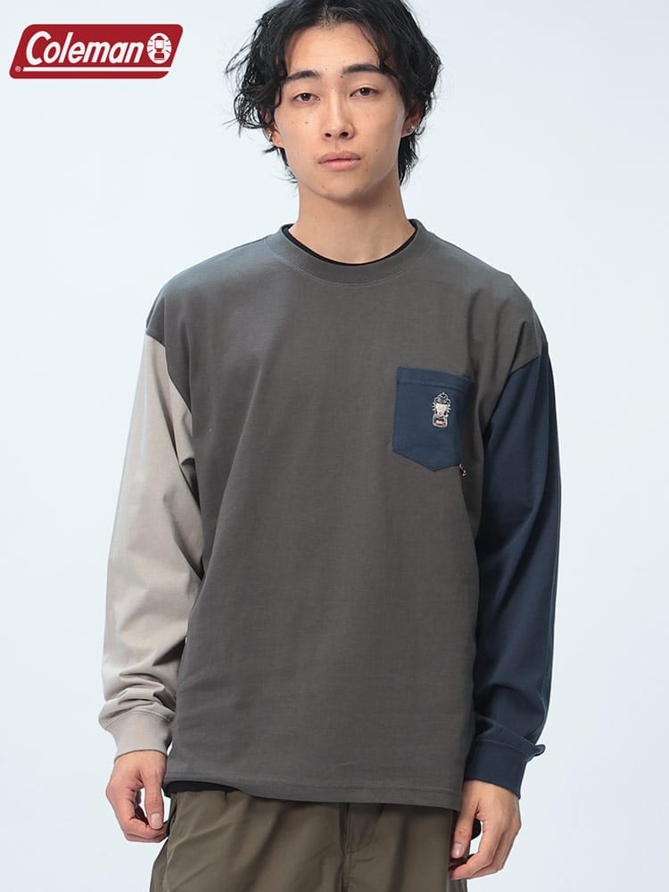 Coleman (コールマン) 綿天竺 刺繍入りポケット クルーネック 長袖 Tシャツ X5450A