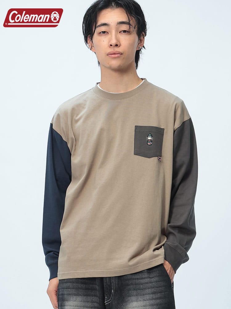 Coleman (コールマン) 綿天竺 刺繍入りポケット クルーネック 長袖 Tシャツ X5450A