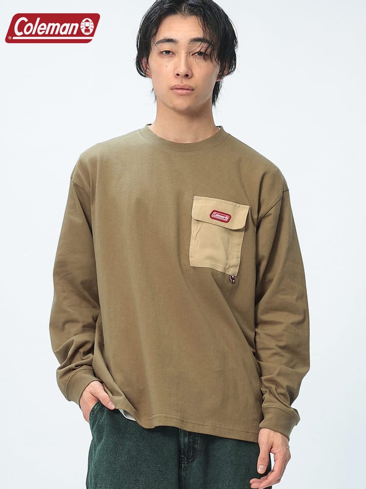 Coleman (コールマン) 綿天竺 バックプリント フラップポケット付き 長袖 Tシャツ X5451A