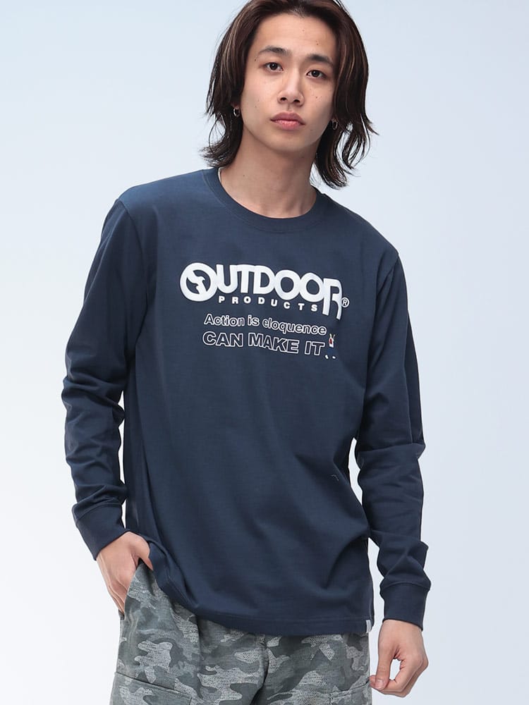 OUTDOOR PRODUCTS (アウトドアプロダクツ) 綿天竺 ロゴプリント クルーネック 長袖 Tシャツ C5521ED12