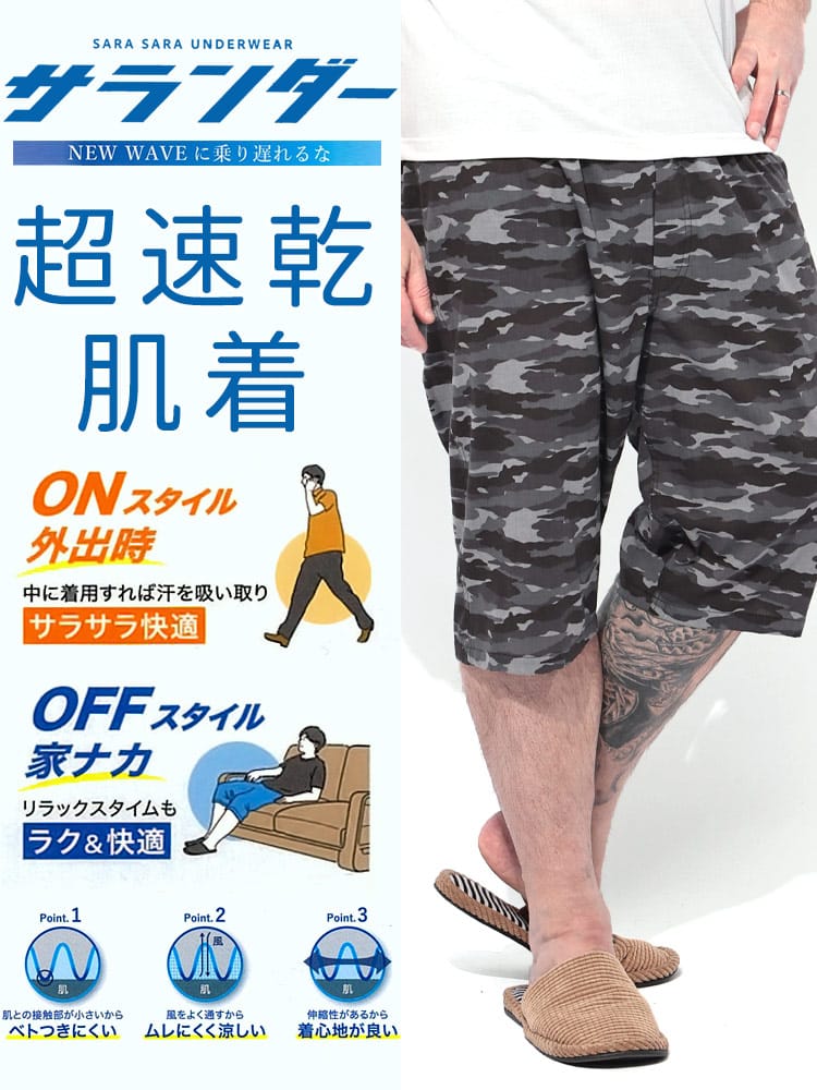 ステテコ パンツ サランダー 綿100％ 爽やかクレープ カモフラージュ 肌着 下着 部屋着 ルームパンツ 七分丈 パジャマ 春 夏 大きいサイズ メンズ