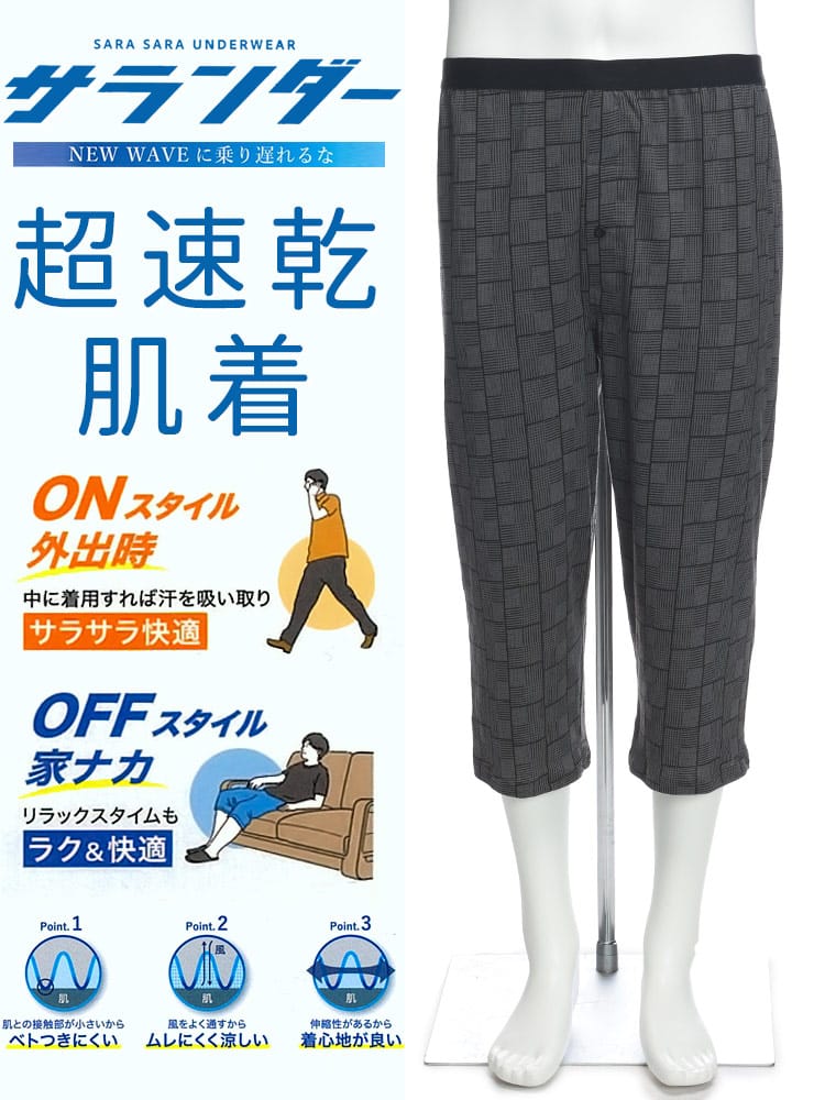 ステテコ パンツ サランダー 吸水速乾 ストレッチ さらさら チェック柄 肌着 下着 部屋着 前開き ルームパンツ パジャマ 春 夏 大きいサイズ メンズ