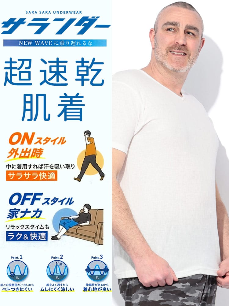 半袖 Tシャツ サランダー 吸水速乾 ストレッチ さらさら Vネック 肌着 下着 インナー アンダーウェア 春 夏 大きいサイズ メンズ