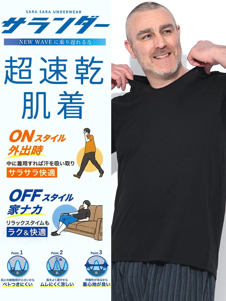 半袖 Tシャツ サランダー 吸水速乾 ストレッチ さらさら Vネック 肌着 下着 インナー アンダーウェア 春 夏 大きいサイズ メンズ