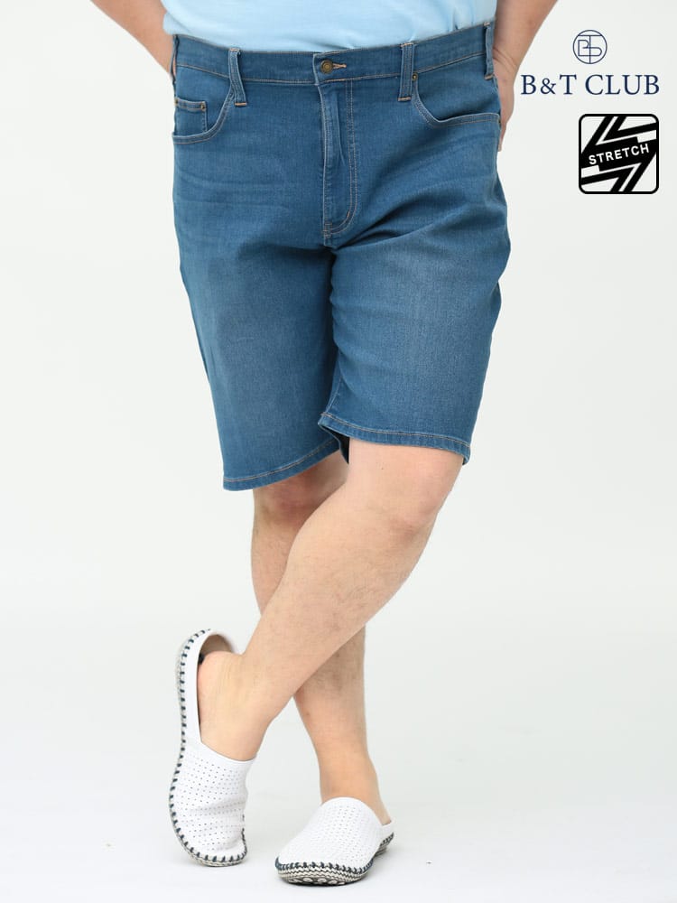 在庫処分 返品交換不可 大きいサイズ メンズ B＆T CLUB (ビーアンドティークラブ) スーパーストレッチ ジップフライ デニム ショートパンツ