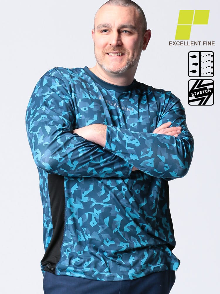 大きいサイズ メンズ EXCELLENT FINE (エクセレントファイン) ストレッチ ドライ ベア天竺 迷彩総柄 クルーネック 長袖 Tシャツ